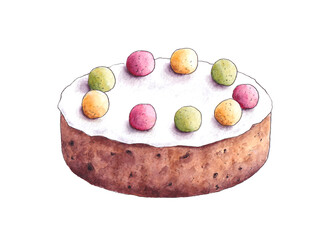 Easter simnel cake isolated on white background. Watercolor hand drawn illustration.
