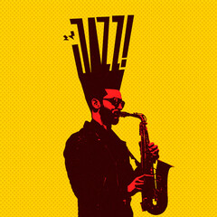 Creative colorful art. Stylish man playing saxophone isolated over yellow background. Jazz performer