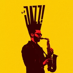Poster Creative colorful art. Stylish man playing saxophone isolated over yellow background. Jazz performer © master1305