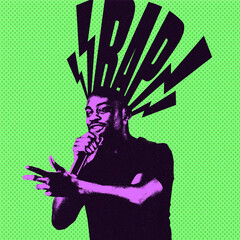 Creative bright artwork. Young man, rap musician performing isolated over neon green background....