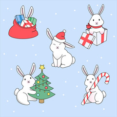 Vector illustration of rabbits. The symbol of 2023 is the rabbit. Christmas and New Year's rabbits. Fluffy rabbit with a Christmas tree, with a gift, with candy  cane. Rabbit in a bag of gifts. 