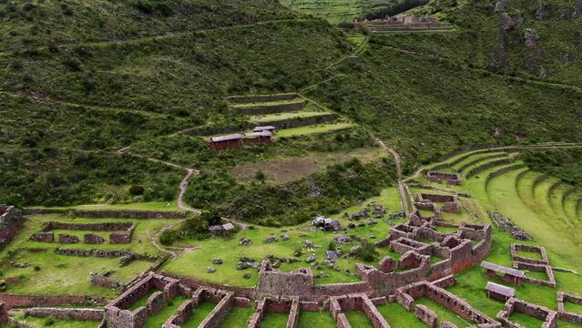 The Remarkable Pisac Ruins On Sacred Valley In Cusco, Peru. Aerial Pullback