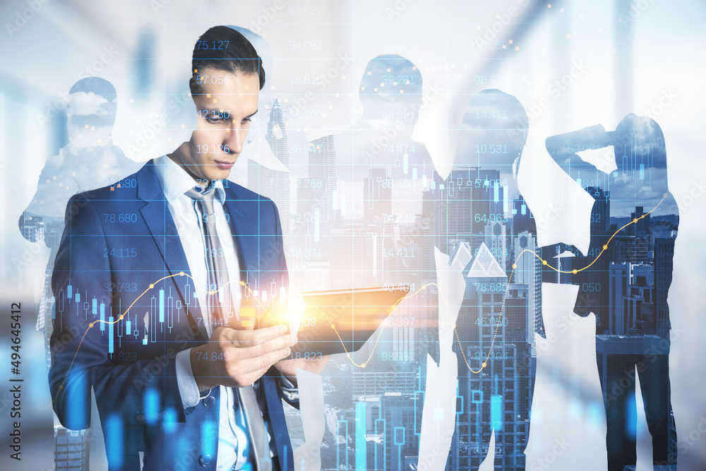 Poster attractive european businesspeople using devices on abstract office workspace background with forex 