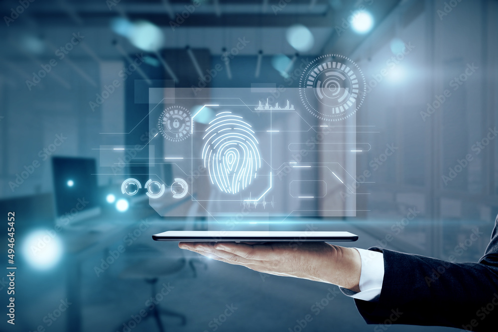 Poster Close up of businessman hand holding tablet with abstract glowing fingerprint interface on blurry background. Login and authorization concept. Double exposure.