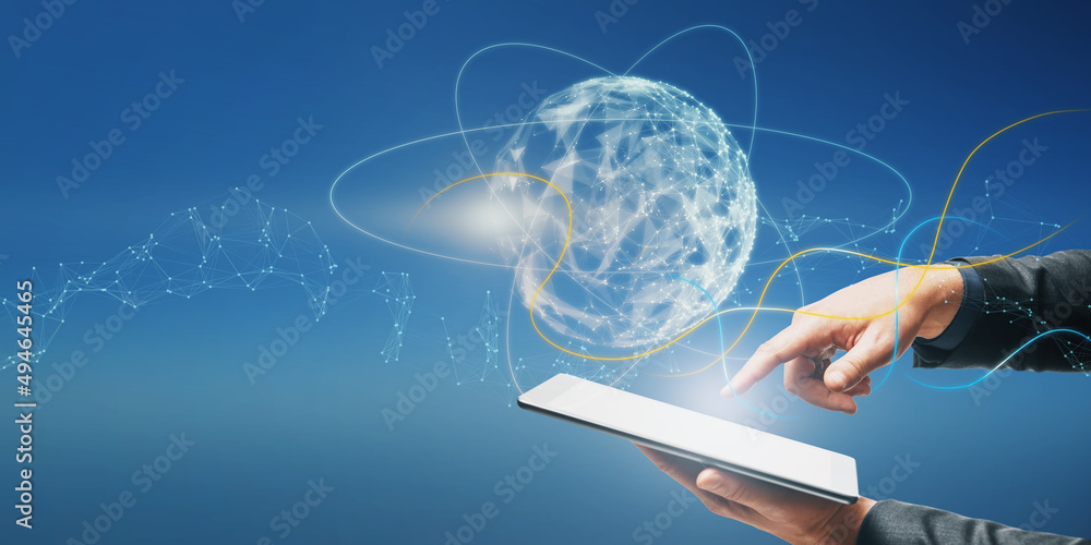 Poster close up of businessman hand pointing at smartphone with abstract metaverse sphere on blurry blue ba