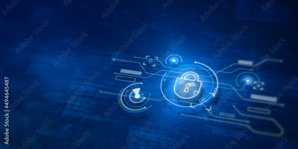 Poster Abstract internet safety and security interface with padlock and business charts on blurry blue background with mock up place. Secure and cyber concept. 3D Rendering.