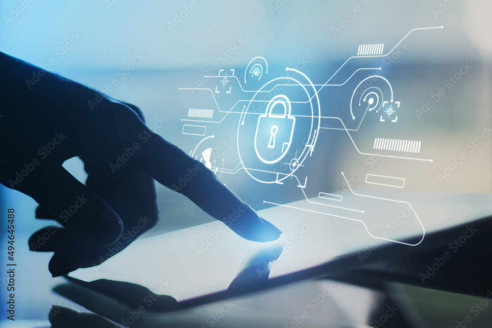 Aufkleber close up of backlit female hand using tablet with abstract internet safety and security interface wi