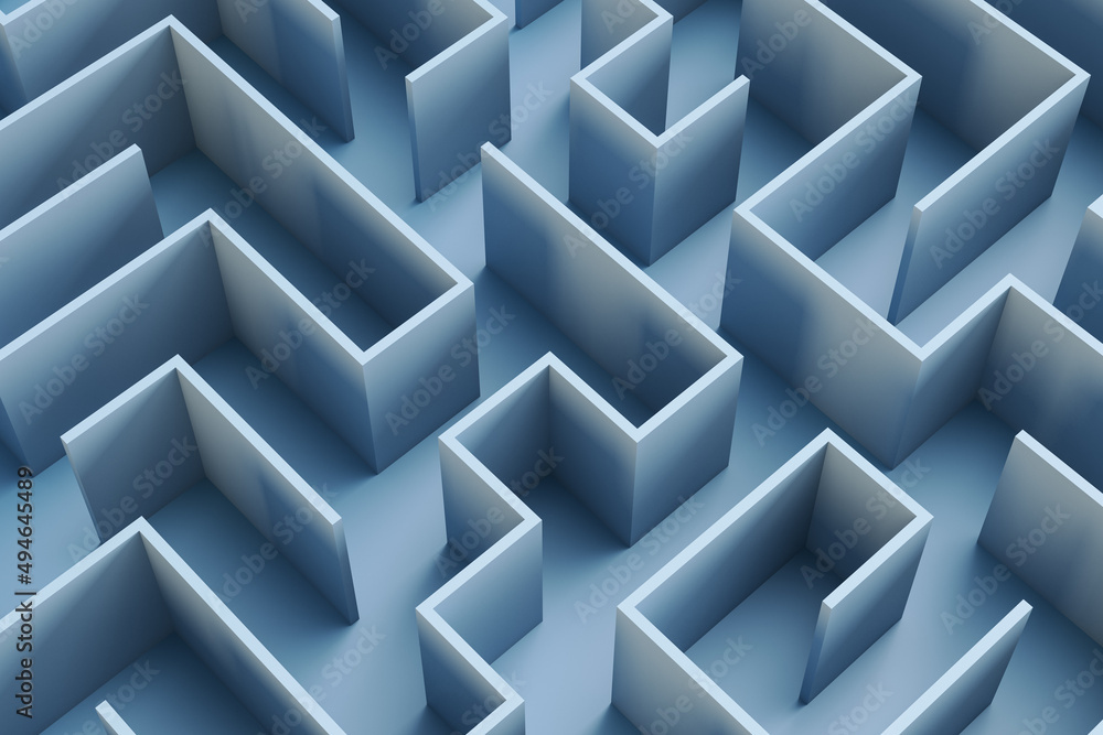 Poster creative blue maze backdrop. solution, way out and challenge concept. 3d rendering.