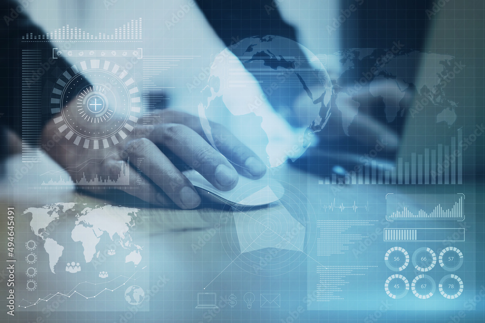 Poster Close up of hand using laptop computer with abstract global digital business interface on blurry background. Interface, chart and hud concept. Double exposure.