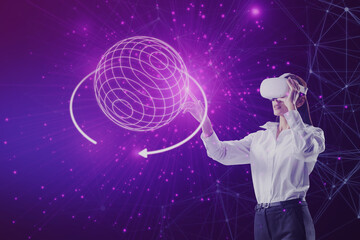 Attractive young european businesswoman with VR glasses and abstract metaverse sphere on blurry...