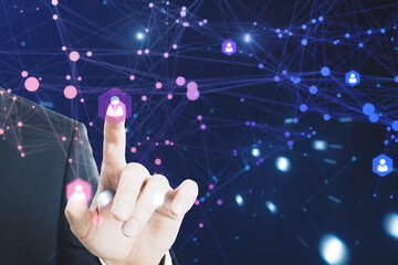 Close up of hand pointing at abstract global polygonal network on dark background, Metaverse, future and communication concept.