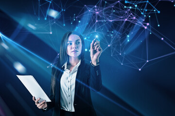 Portrait of attractive young european businesswoman with document and abstract creative polygonal...