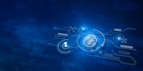 Obraz premium Abstract internet safety and security interface with padlock and business charts on blurry blue background with mock up place. Secure and cyber concept. 3D Rendering.