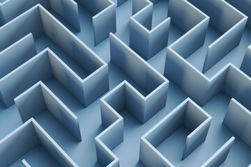 Creative blue maze backdrop. Solution, way out and challenge concept. 3D Rendering.