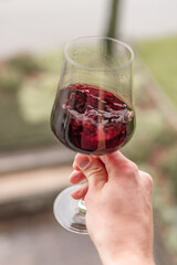 hand with a glass of red wine at a wine tasting