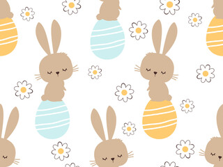 Seamless pattern with rabbit on Easter eggs, daisy flower garden vector illustration.