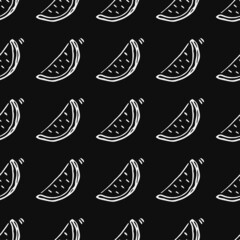 Seamless watermelon pattern. Doodle vector with watermelon icons on black background. Vintage watermelon pattern