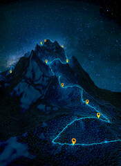 Overview of a winding hiking trail through the mountains with waypoints - 3d illustration © Christoph Burgstedt
