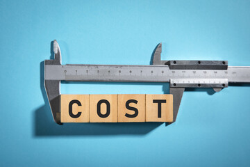 Vernier caliper with a Cost word on wooden cubes.