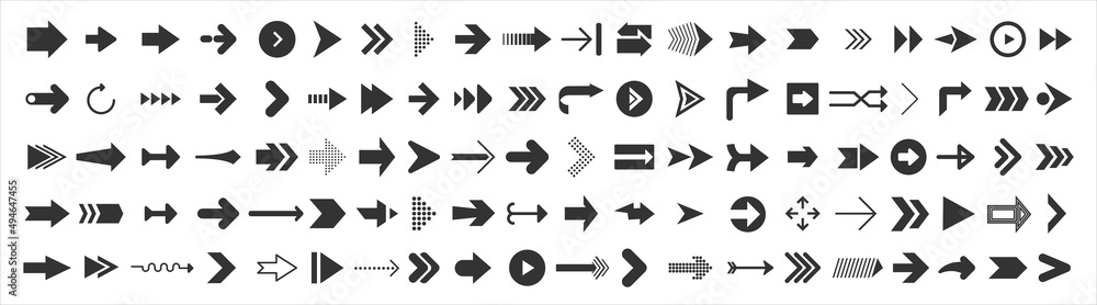 Poster big set of web arrows. 100 black arrow icons isolated on white. cursor vector