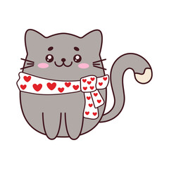 Cute gray cat in a tie with hearts. A fat domestic cat. Vector illustration in the kawaii style