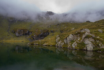 Fototapeta premium View of Balea Lake. Glacial lake, on Transfagarasan highway