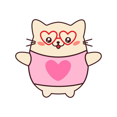 Cute white cat with heart-shaped glasses. A fat domestic cat in a T-shirt. Vector illustration with a cat in a kawaii style
