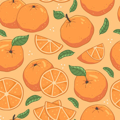 Seamless fruit pattern with oranges and leaves on an orange background. Vector illustration background.
