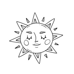 The character of the sun with a face in the line doodle style. Vector illustration.