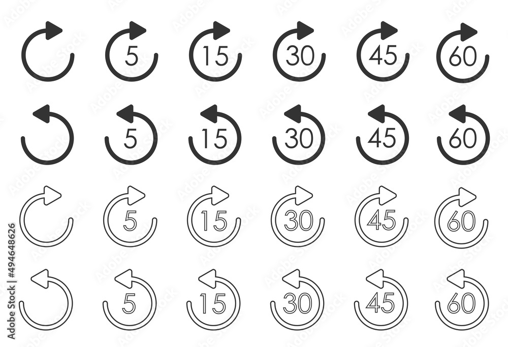 Aufkleber repeat icon for application and web or media player control. repeat 5, 15, 30, 45 seconds simple vec