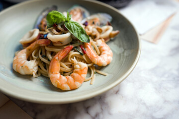 Linguine Ai Frutti Di Mare. Seafood pasta on plate.