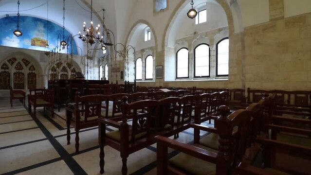 An inside view of the central and ancient synagogue, named after Rabbi Yochanan ben Zakkai. In the Jewish Quarter of Jerusalem