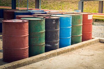 Industry oil barrels or chemical drums stacked up.chemical tank.container of  barrels of...