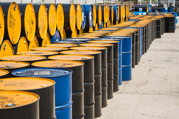Industry oil barrels or chemical drums stacked up.chemical tank.container of  barrels of...