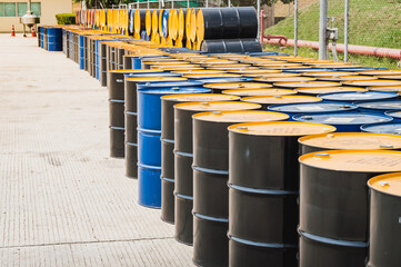 Industry oil barrels or chemical drums stacked up.chemical tank.container of  barrels of...
