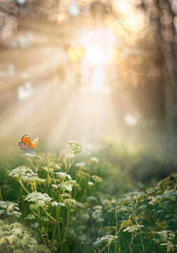 Fototapeta Beautiful natural atmospheric image of spring or summer morning forest with sunbeams breaking through and butterfly in wild grass. Magic and mystery of wild nature and environment.