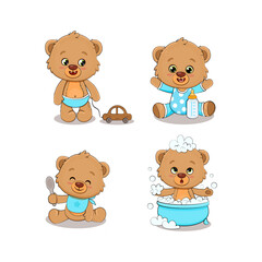 Set of cute cartoon teddy bear in different poses. Teddy bear with toy car, baby bottle. 