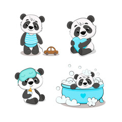 Set of cute cartoon pandas in different poses. Panda cub with toy car, baby bottle,heart. 