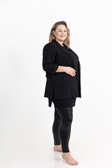 Portrait of smiling attractive middle-aged fat plus-size plump woman with long dark hair make-up...
