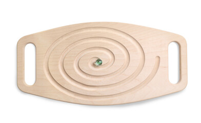 Wooden labyrinth balance board isolated on white, top view. Montessori toy