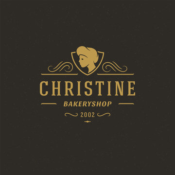 Bakery badge or label retro vector illustration. Baker woman or chef in hat silhouette for bakehouse.