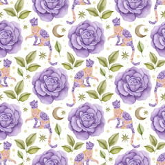 Watercolor seamless pattern peonies and roses, cats on a white background. 