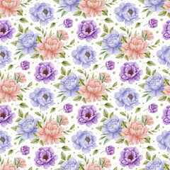 Watercolor seamless pattern peonies and roses on a white background.