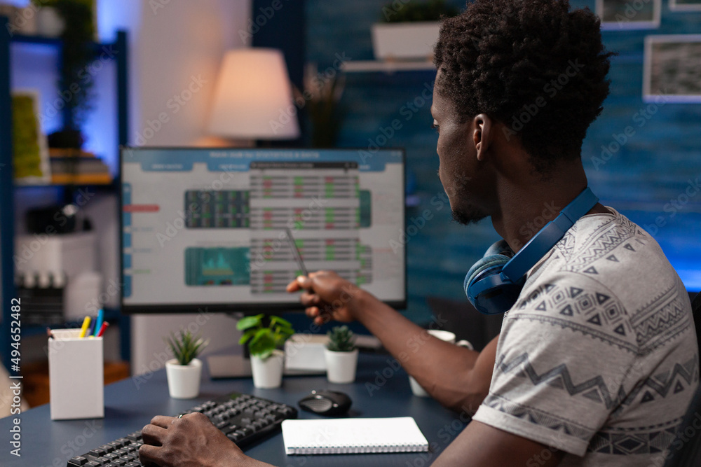 Poster freelancer broker working remote from home analyzing charts of crypto currency data on computer. you