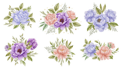 Watercolor set of illustrations of bouquets of flowers of roses and peonies.