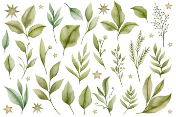 Watercolor set of green leaves illustrations.