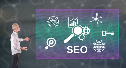 A seo concept explained by a businessman on a wall screen