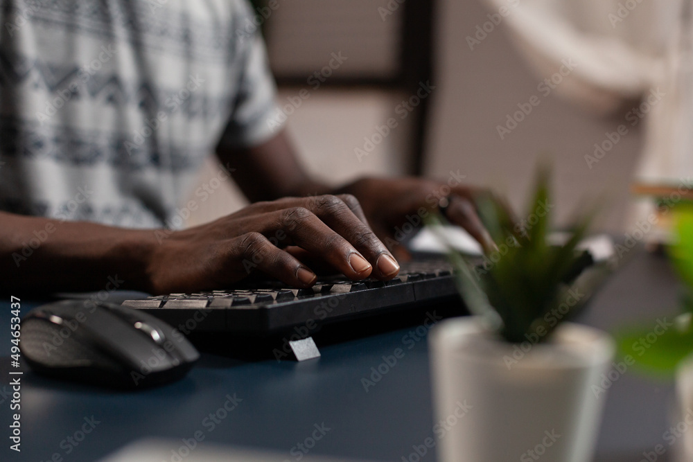 Poster close up of businessman hand typing project information while attending at business lesson searching