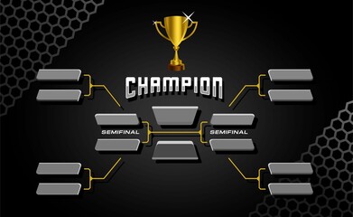 black and gold elegant sport game tournament championship contest stage layout, double elimination bracket board chart vector with champion trophy prize icon illustration background  - obrazy, fototapety, plakaty