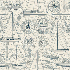Sailboat and yachting elements  collage with nautical map background marine vector seamless pattern - 494653462